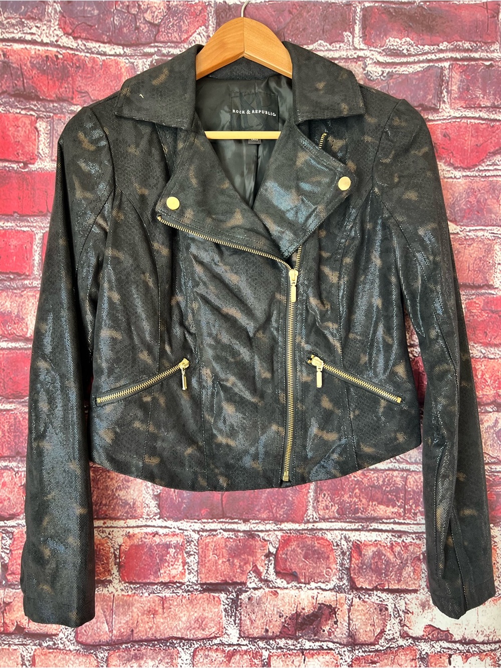 Rock & Republic Gold Metallic Foil Snake Moto Biker Jacket Small S